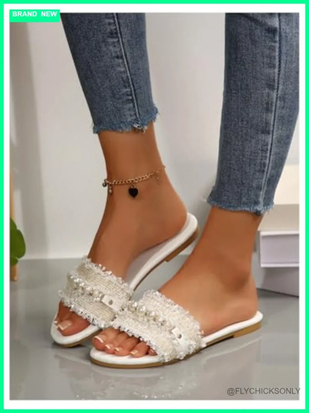 Pearl Chain Slide Sandals, Open Toe Slip On Flat Sandals for Women